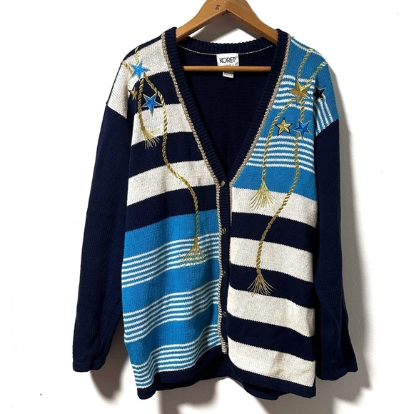 Vintage Koret Nautical Blue White Knit Cardigan Sweater Womens Size Large Spring - Picture 1 of 16